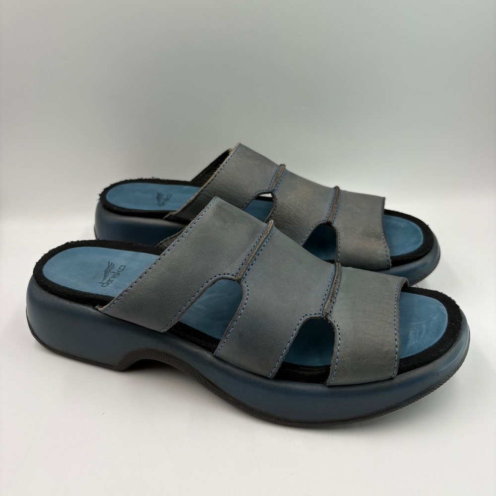 Dansko Platform Slide Sandals Womens‎ 42 Blue Grey Good Leather Wedge Cutout
